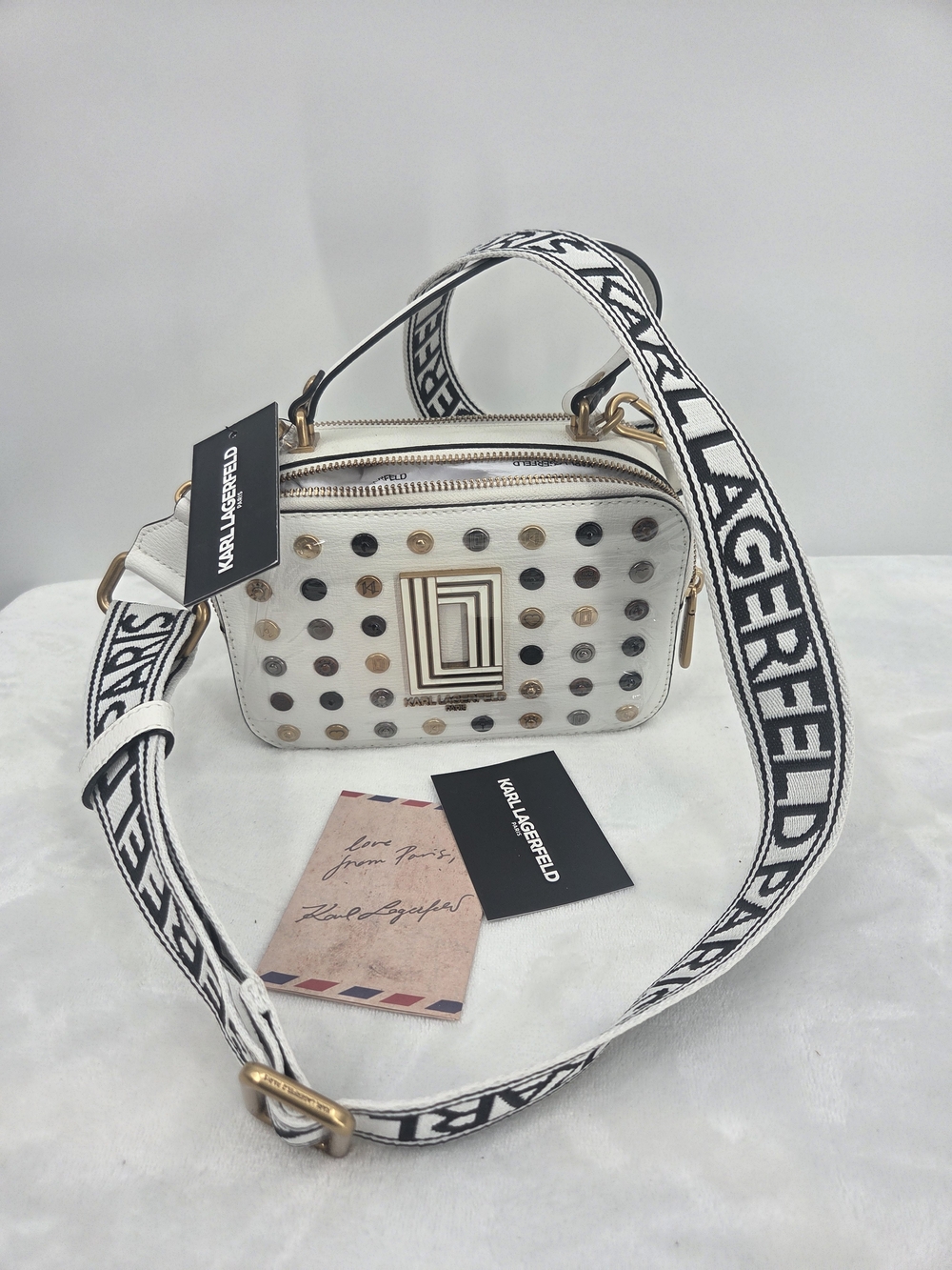 Karl Lagerfeld Paris Simone Studded Camera Crossbody Bag Winter White NWT